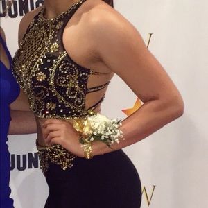 Black and gold two piece prom dress